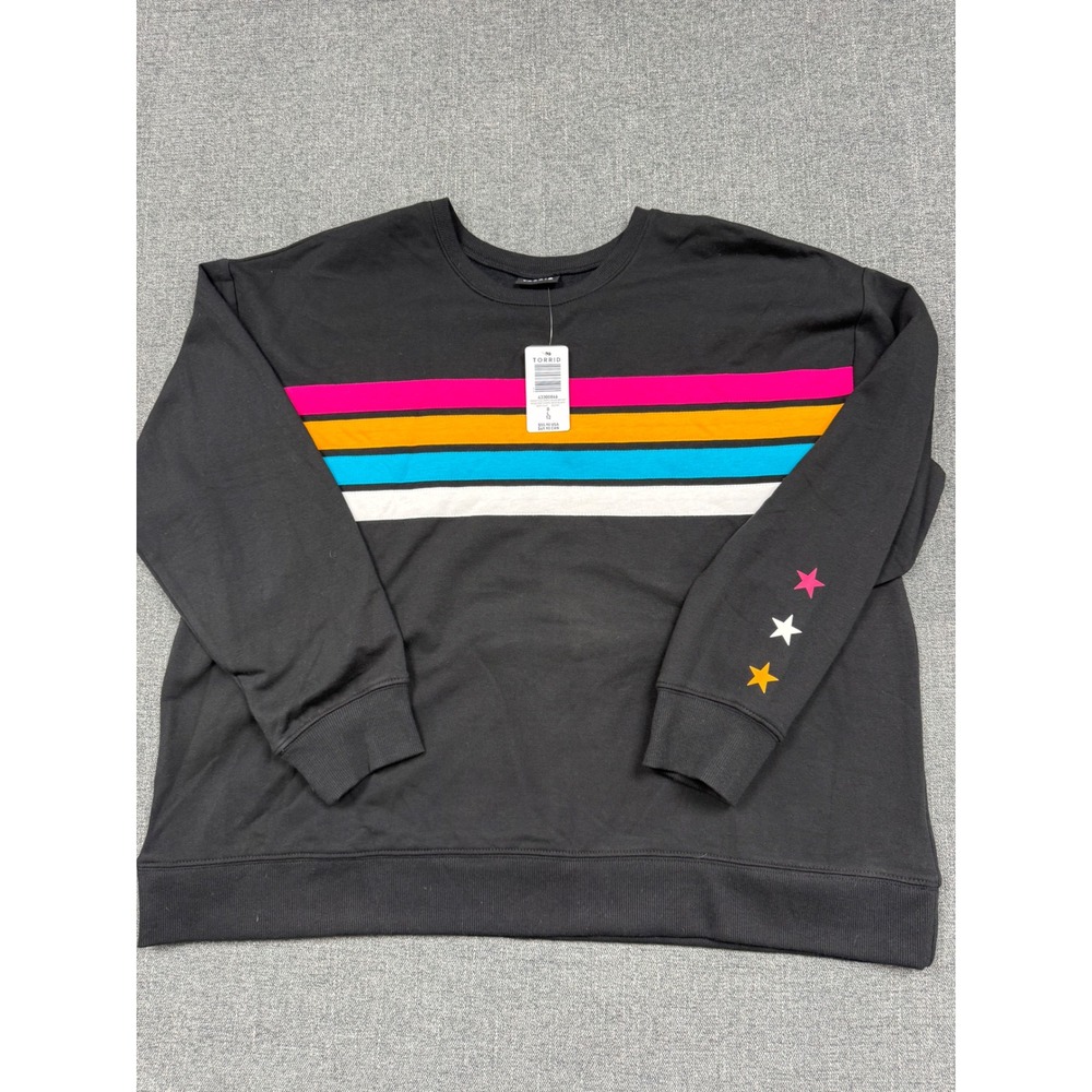 Torrid Roadtrip Stripe Super Soft Fleece Dropped Shoulder Sweatshirt Black 0 L